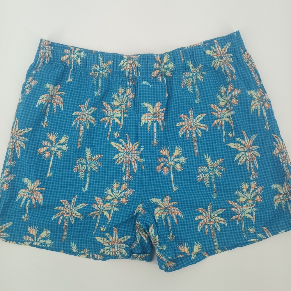 Tommy Bahama Mens Blue Gingham Palm Tree Print Cotton Boxer Shorts Large